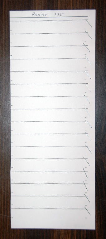 Assembly of ten printed sheets stapled and cut down the center.